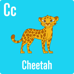 Cartoon drawing of a spotted wild cat. Large cat with yellow fur and brown spots and blue eyes. Blue background with text.
