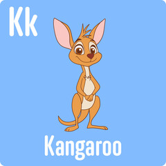 Animated kangaroo character on blue background with alphabet letters. Cute marsupial design for kids, educational materials.