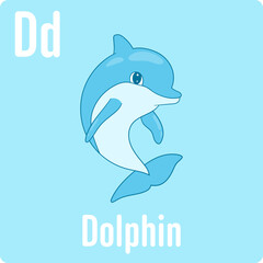A charming cartoon dolphin illustration on a light blue background, perfect for children's educational materials about sea life.