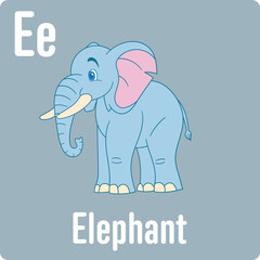 Obraz premium Adorable cartoon elephant, letter E, playful visual for kids, promoting learning and fun. Simple yet charming. Great for educational material.