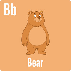 A cartoon illustration of a standing brown bear, with the letter 'B' and the word 'Bear', all on a light orange background.
