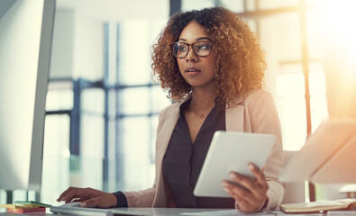 Real estate agent, tablet or businesswoman on computer for research, online opportunity or listing...