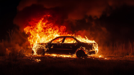 Obraz premium 夜の闇に浮かぶ燃える車の輪郭