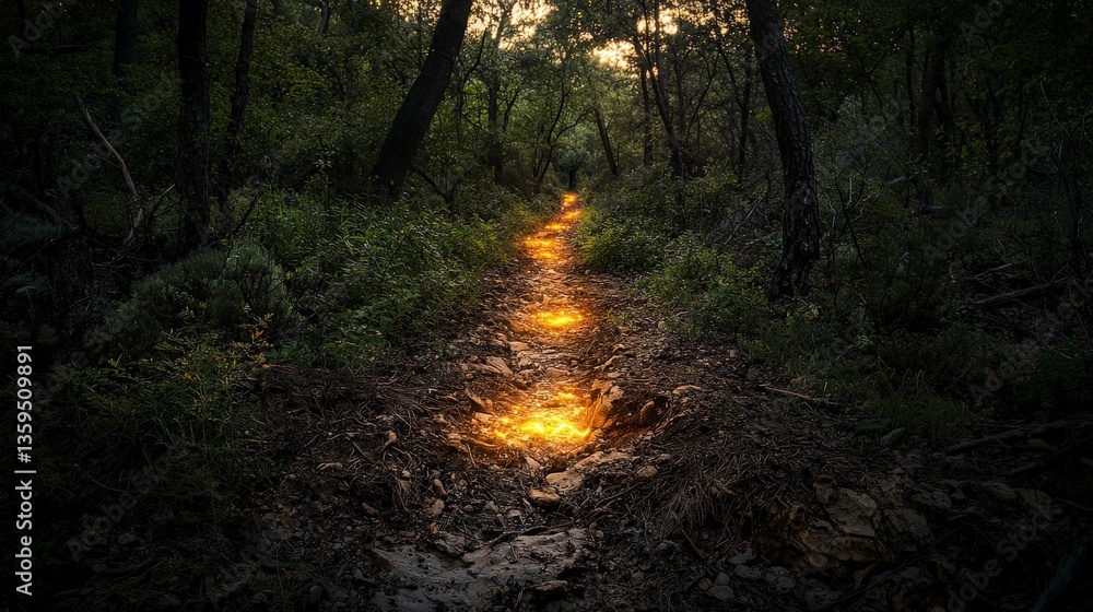 Poster enchanting glowing pathway in a mysterious forest nature photography serene environment captivating 
