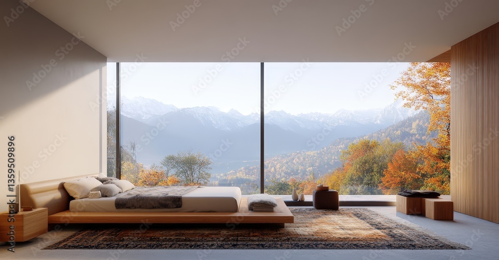 Poster a modern bedroom with a large window showcasing a scenic mountain view and autumn foliage, creating 