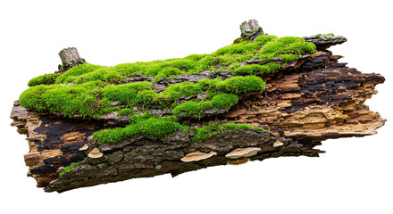 Mossy log PNG isolated on transparent background, natural wood close-up