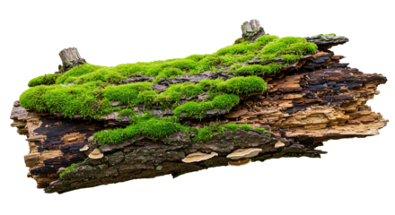 Mossy log PNG isolated on transparent background, natural wood close-up