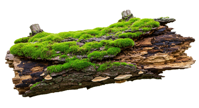 Mossy log PNG isolated on transparent background, natural wood close-up