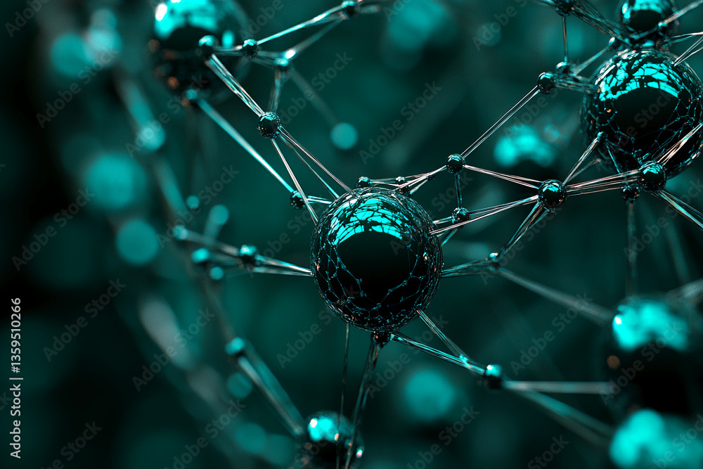 Poster close-up of teal metallic spheres interconnected by thin rods, creating a complex network structure,