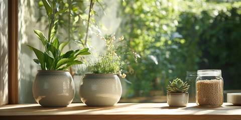 Fototapeta premium Green plants in light grey ceramic pots on wooden surface near window, showcasing tranquility and nature's serenity, ideal for home decor or wellness concepts