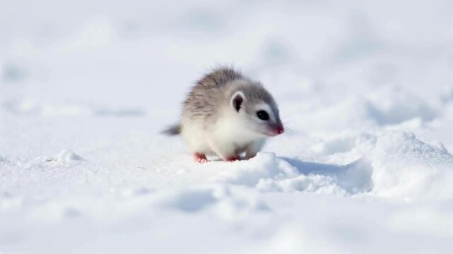 A lemming scurries across a snowy tundra, its small paws leaving tiny tracks in the snow as it searches for food in the cold, harsh environment
