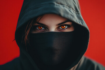 Naklejka premium Close-up of a woman's face partially covered by a black balaclava and hoodie against a red background, showcasing intense amber eyes, suggesting mystery and intrigue