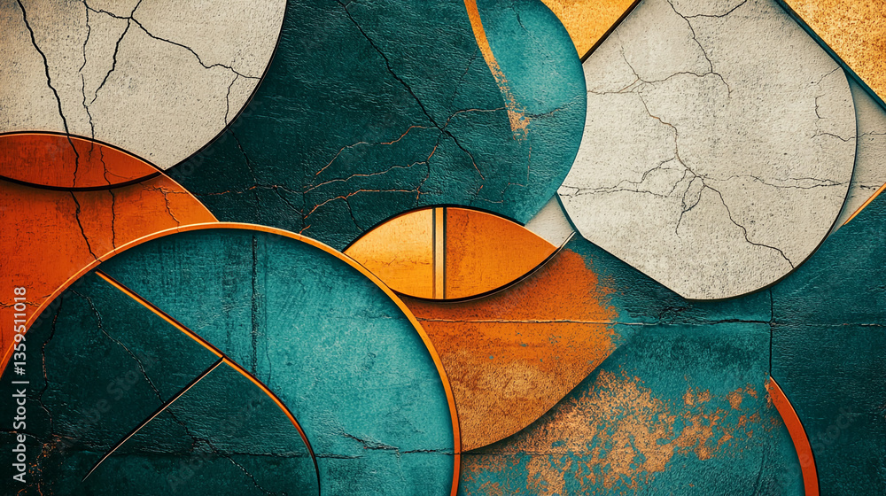 Poster abstract image of teal, orange, and beige textured circles overlapping on a cracked background, crea
