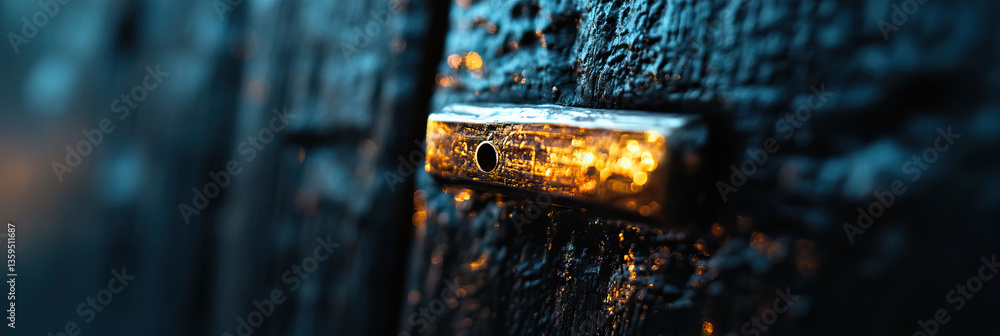 Poster metallic rectangular object embedded in dark surface