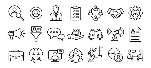 Human resources and recruitment line icons set for business and employment  
