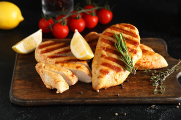 Tasty grilled chicken breast with rosemary, thyme, peppercorns and lemon slices on black grunge table