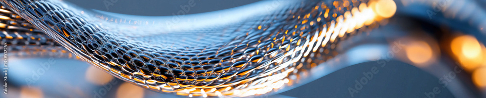Poster abstract image of a textured, undulating surface with ovoid shapes and blurred orange lights