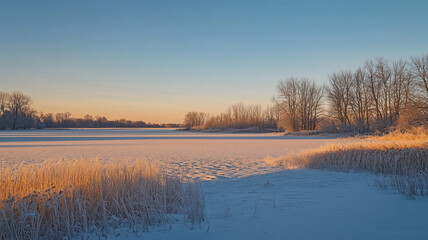 Fototapeta premium 雪原に映る夕日と影が語る冬の温度差