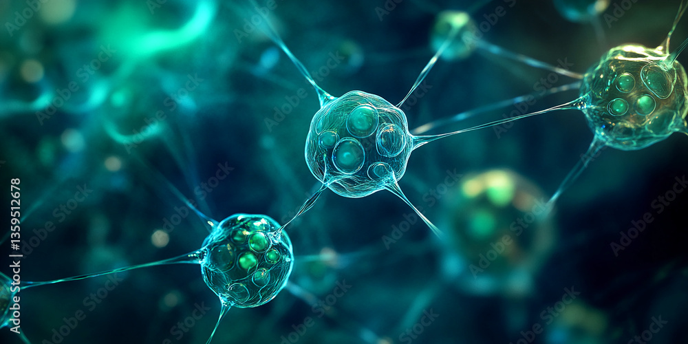 Poster microscopic view of interconnected teal cells, showcasing intricate network structure symbolizing ne
