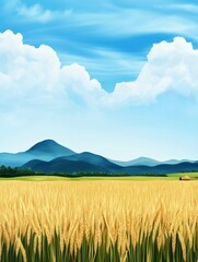 Fototapeta premium A vibrant landscape featuring golden wheat fields under a bright blue sky, framed by distant mountains and soft, fluffy clouds.