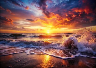 Caspian Sea Sunset Waves: Kazakhstan Beach Photography, High-Resolution Ocean Scene, Dramatic Sunrise Coastal Image, Stunning Seascape, Beach Waves, Water Splash