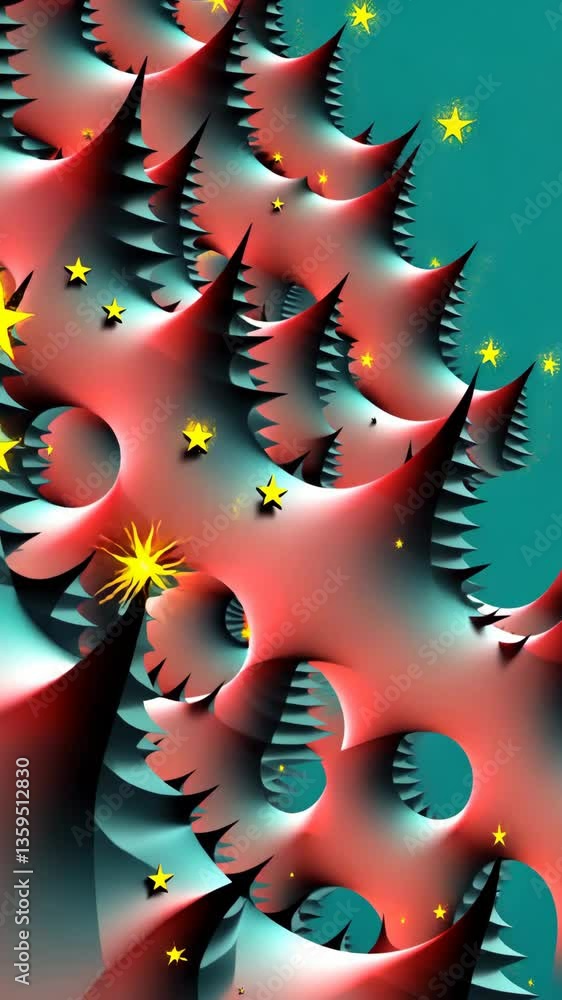 Poster A red and blue image of a tree with stars. The tree is made of spikes and has a star on it