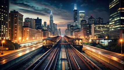 Fototapeta premium Chicago Night Lights: L Train & Millennium Park Timelapse - Elevated Rails, Skyline Panorama