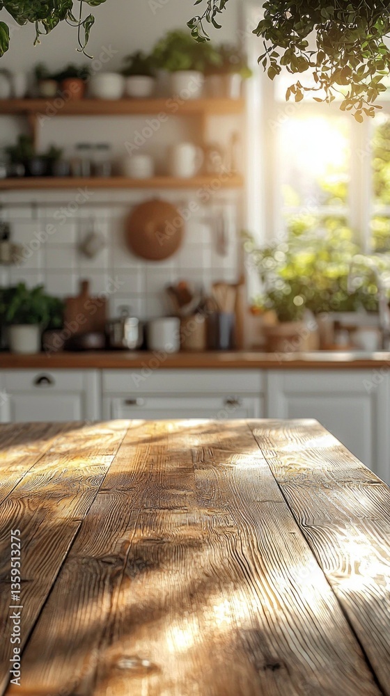 Aufkleber golden sunlight streams through a window, casting gentle shadows on a rustic wooden table. lush plan