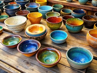 Colorful Ceramic Bowls, Handmade Pottery, Artisan Crafts, Wooden Table Display, Ceramics Shop, Shop Interior, Bowl Collection
