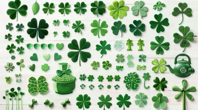 A collection of St. Patrick's Day icons including shamrocks, leprechauns, and pots of gold. - Powered by Adobe