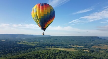 A hot air balloon soaring high in the sky, carried by the wind over a scenic landscape.