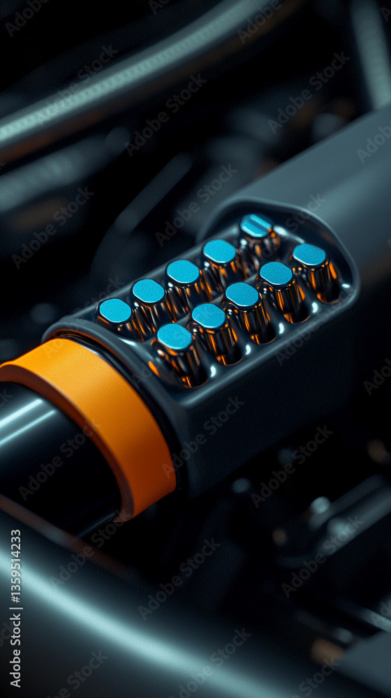 Poster Close-up of a dark gray metallic object with orange and cyan details, showcasing a technological or industrial design, symbolic of innovation and precision engineering