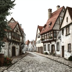 Obraz premium Charming cobblestone street lined with vintage houses and decorative balconies in a quaint European village setting