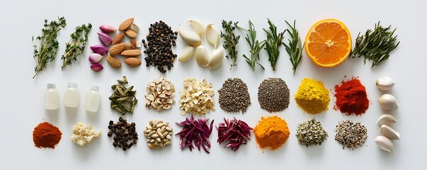 Array foods known for boosting immunity arranged on a white base.