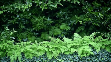 Lush Green Fern Border  Nature Background  Botanical Wall  Greenery Texture