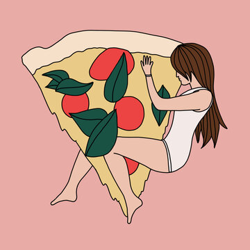 Naklejki Stylized Woman with Pizza Slice Illustration