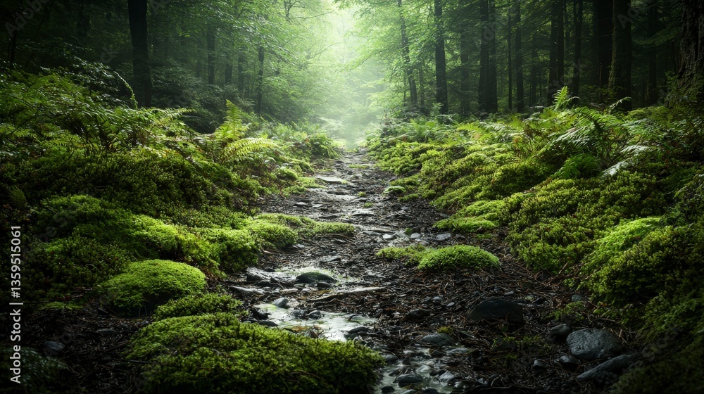 Poster exploring tranquil forest pathway lush nature setting serene landscape captured in soft light