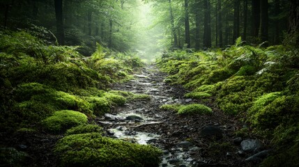 Fototapeta premium Exploring tranquil forest pathway lush nature setting serene landscape captured in soft light