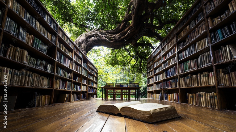 Poster Scenic and tranquil nature-inspired library an inviting space for enchanting reading and learning