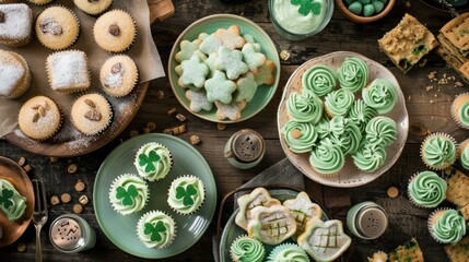 A St. Patrick's Day meal with green-colored cupcakes, shamrock cookies, and festive treats.
