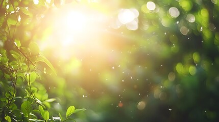 Fototapeta premium Serene Sunlight Filtering Through Lush Green Foliage with Floating Particles