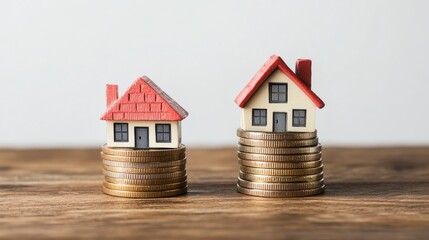 Side-by-side Comparison of Two Houses on Different Stacks of Coins Illustrating Real Estate Value Differences in a Financial Context