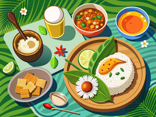 vector of  Traditional Sri Lankan breakfast: kiribath (milk rice) with lunu miris and coconut sambol. Top view with space for copy.