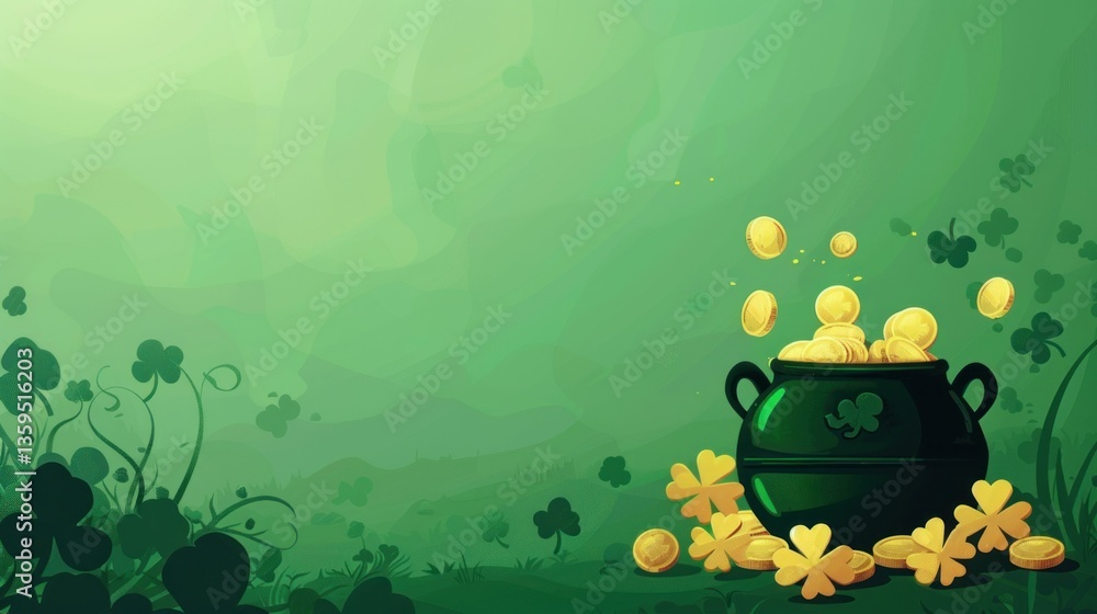 Poster a minimalistic st. patrick's day vector with a green background and a pot of gold.