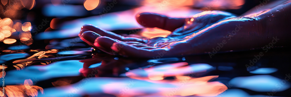 Poster hand in illuminated water with bokeh background