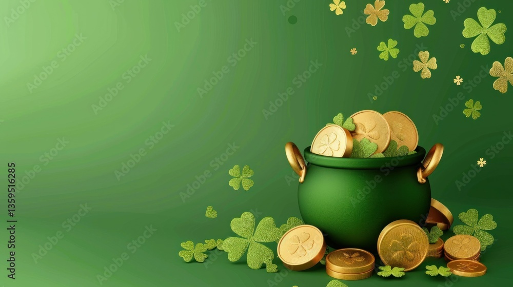 Poster a minimalistic st. patrick's day vector with a green background and a pot of gold.