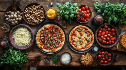 Fototapeta premium Freshly baked pizzas and assorted ingredients ready for cooking on a rustic wooden table