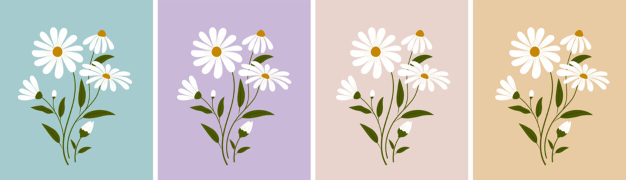 Abstract daisy flowers bouquets in pastel colors