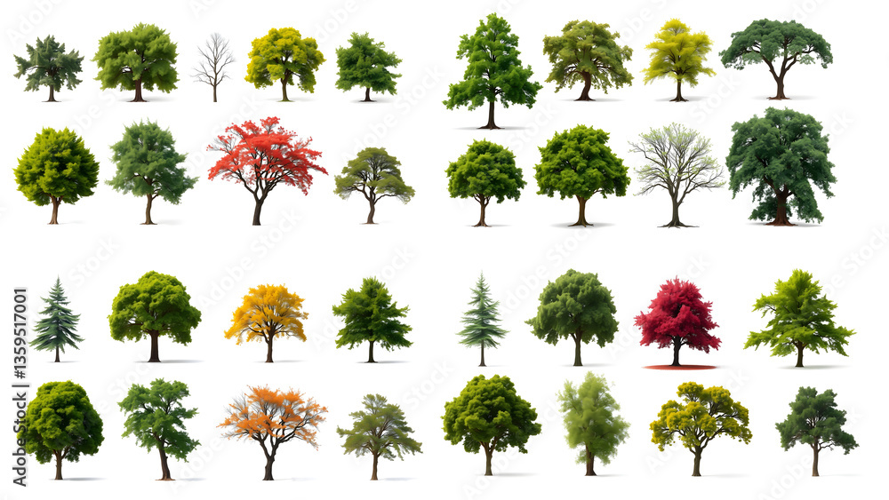Poster a diverse collection of trees in different shapes and sizes. Each tree displays a unique color palette, evoking feelings of variety and growth
