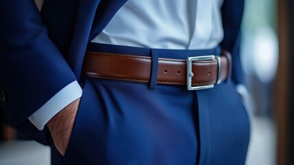 Close-up of a man's suit featuring a brown leather belt and elegant tailoring